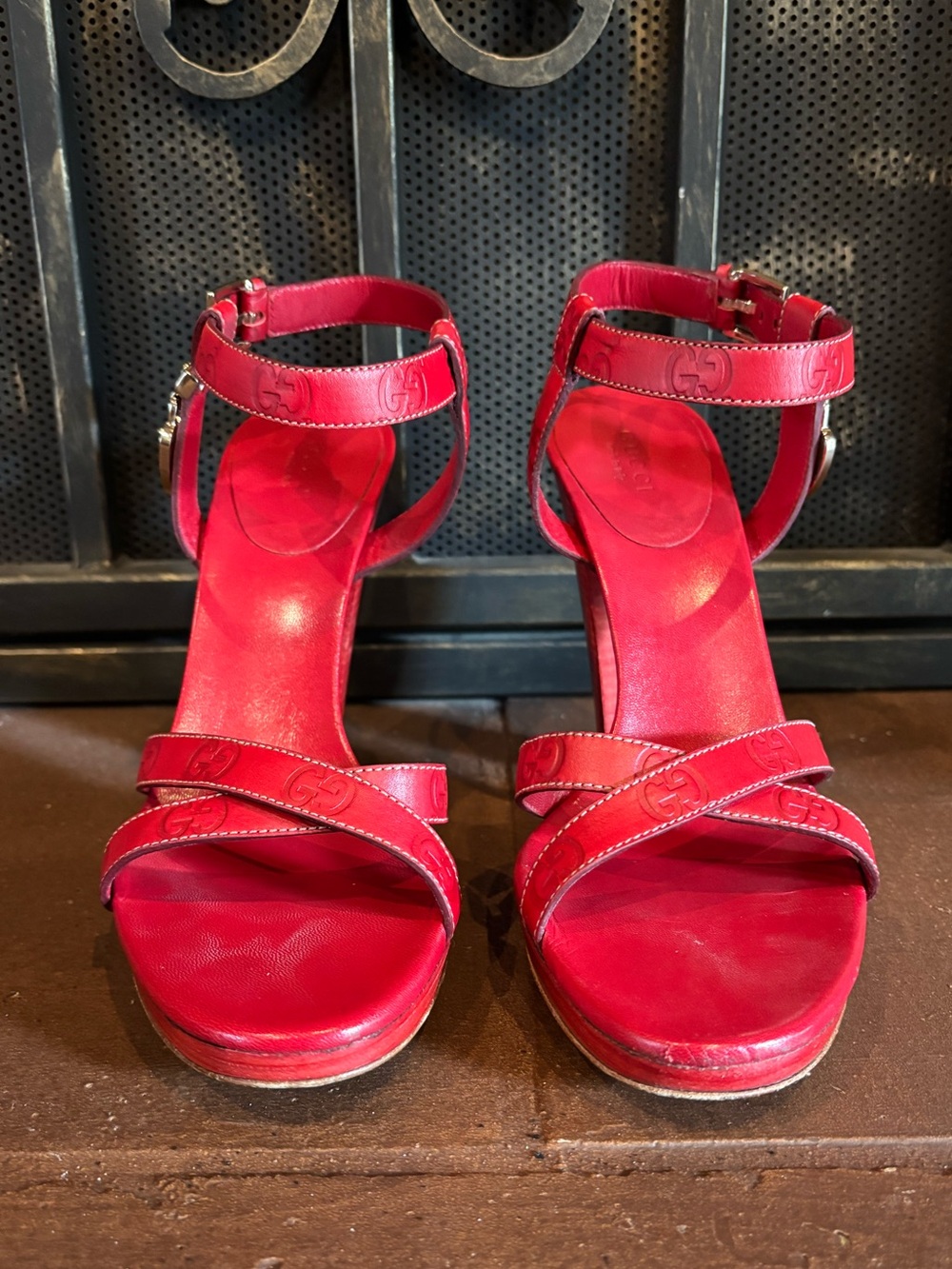 Red Gucci High Heel Ankle-Strap Sandals - Picture 4 of 6